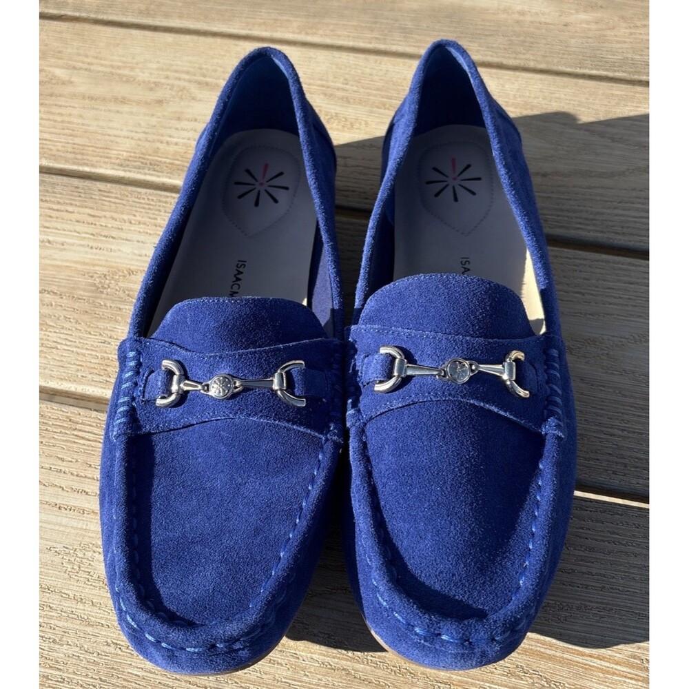 Isaac Mizrahi Womens 9.5 Royal Blue Suede Driving Moc Loafers Gold Horsebit